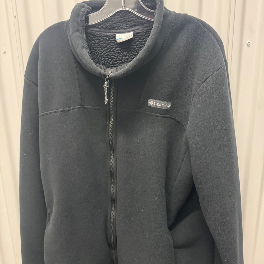 Columbia Mens Black Full Zip Sherpa Lined Fleece Jacket Large Mock Neck Logo